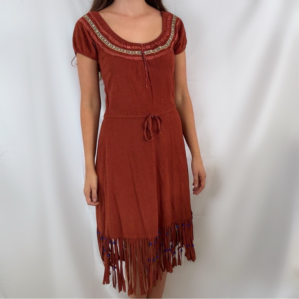 Vintage 70s prairie dress rust fringe beaded embroidered medium large boho